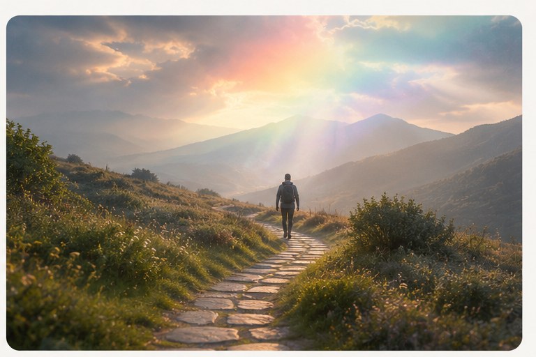 A path winding through mountains at sunrise