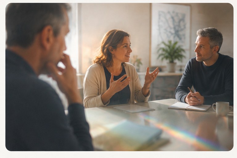 A facilitator in conversation with two participants